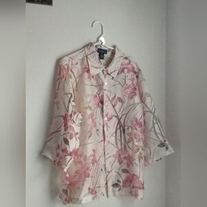 Elementz Blouse Women 2X Pink & Cream Floral Button Down Elegant Office Artsy
